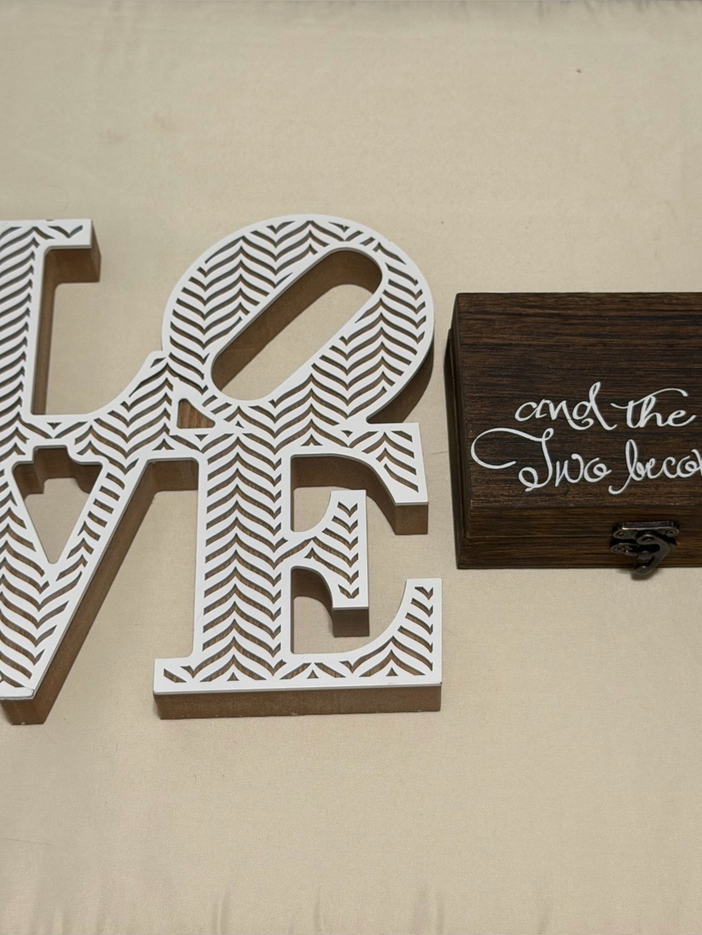 White Patterned Valentine’s Day LOVE Sign & Brown Western Wedding Ring Box